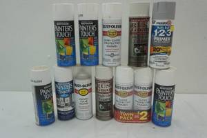 lot 387 image: Spray paint lot. Cans are full. white some clear some grey. Enamel and other
