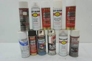 lot 388 image: Spray paint lot. Cans are full. Enamel, gloss, bumper chrome, clear, white