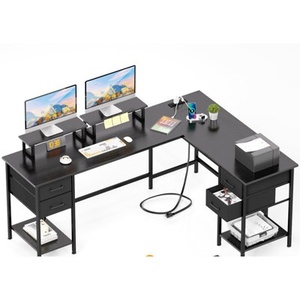 lot 4 image: L Shaped Office Desk with Shelves and Drawers - Black