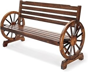 lot 119 image: VINGLI 56 Inch Wagon Wheel Bench - Rustic Wooden Bench