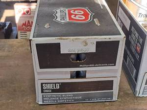 lot 57 image: Lot of (1 Case) Phillips 66 Shield Choice Synthetic Blend Motor Oil 5W-20 1-Quart Plastic Bottles 12-count ( 12 total items )