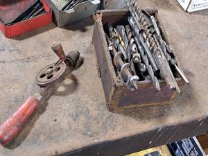 lot 82 image: Vintage Hand Drill with Assorted DrillBoring Bits