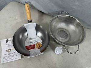 New 8 inch Carbon Steel Wok Pan and Stainless Steel Colander  Strainer