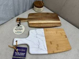 New Bamboo and Acacia Serving Boards and Spice Storage Box