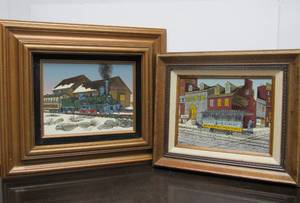 lot 17 image: Pair of H. HARGROVE Framed Artworks on Canvas Featuring Old Train Stations