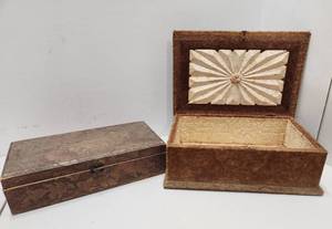 lot 207 image: Pair of Antique Wood Boxes - Velvet Lined & Pyrography Decorated