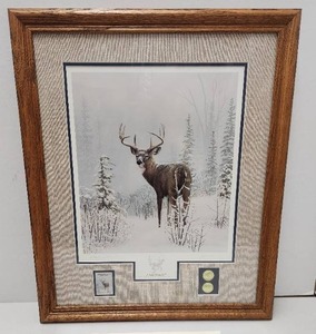 lot 210 image: Framed Signed Whitetail Buck Print by Leo Stans - Winter Wonder