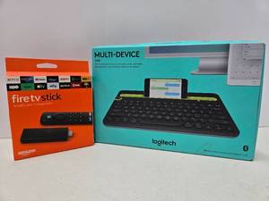 lot 123 image: Brand New Multi-Device Keyboard & Amazon Fire Stick