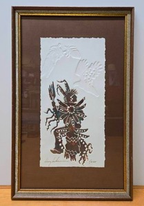 lot 73 image: Framed Signed Numbered Native American Kachina Figure Embossed Print by King Kuka