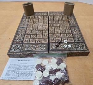 lot 93 image: Very Nice Vintage Middle Eastern Inlaid Mosaic Game Board Chess Checkers Backgammon