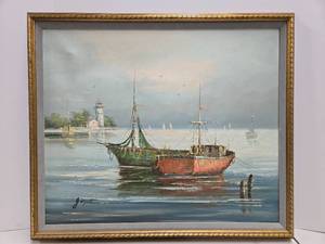 lot 140 image: Very Nicely Painted Signed Vintage Harbor Scene Oil on Canvas Painting #1