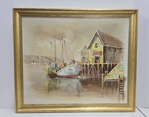 lot 141 image: Very Nicely Painted Signed Vintage Harbor Scene Oil on Canvas Painting #2