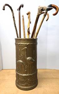 lot 314 image: Very Cool Vintage Stoneware Umbrella Holder Full of Great Walking SticksCanes