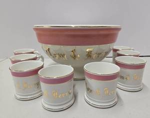 lot 345 image: Antique DRESDEN China Tom & Jerry Punchbowl & Cup Set