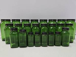 lot 351 image: Large Lot of Vintage Green Glass Bottles wLids 