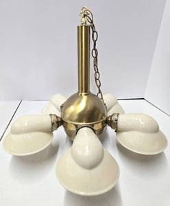 lot 396 image: Excellent Vintage Deco Brass 5-Shade Hanging Lamp  Chandelier