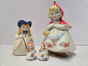lot 105 image: Vintage LITTLE RED RIDING HOOD & Little Bo Peep Pitcher Cookie Jar & Salt pepper Shakers