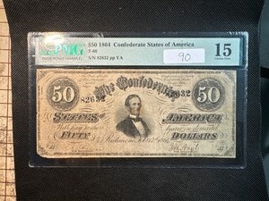 Rare 1864 $50 Confederate Note in PCGS 15 Choice Fine Condition