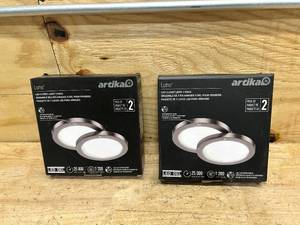 lot 65 image: ARTIKA Lot of 2 Packs of- Lumo 8 in. 1-Light Modern Brushed Nickel Integrated LED Flush Mount Ceiling Light Fixtures for Kitchen or Bedroom (2 lights per pack)