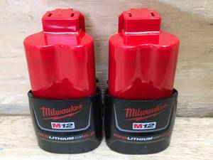 lot 15 image: Lot of 2 - Milwaukee M12 Red Lithium 2Ah Batteries Model # 48-11-2420