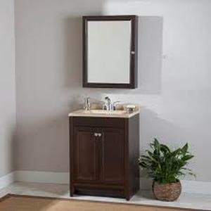 lot 34 image: Glacier Bay Delridge 25 in. Single Sink Chocolate Bath Vanity with Caramel Cultured Marble Top (Assembled)  Customer Returns See Pictures