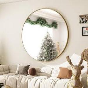 lot 44 image: XRAMFY 30 in. W x 30 in. H Round Aluminum Alloy Framed Gold Wall Mirror   Customer Returns See Pictures
