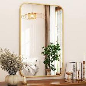 lot 46 image: XRAMFY 26 in. W x 38 in. H Rectangular Aluminum Alloy Framed Rounded Gold Wall Mirror     Customer Returns See Pictures
