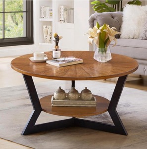 lot 79 image: Round Wood Coffee Table for Living Room, 2-Tier Rustic Circle Coffee Table with Storage, Solid Natural Coffee Table with Metal Legs, Radial Pattern 35x 17