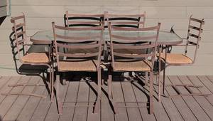 lot 51 image: Glass Topped Table with Wicker and Iron Chair Set