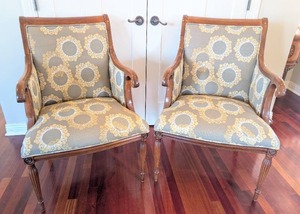 lot 6 image: Pair of Custom Upholstered Grey and Yellow Armchairs