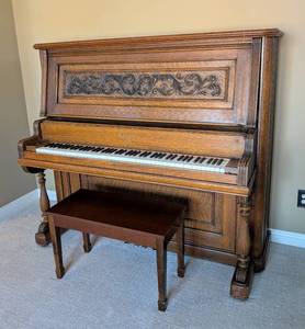 lot 11 image: Victorian Carved Oak Crown Upright Piano