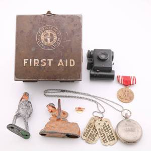 lot 70 image: Military Lot Spy Camera Dog Tags Compass Soldier Figurines Medals