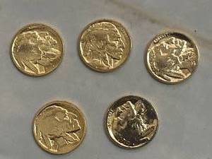 lot 89 image: Lot of 5 24kt Gold Plated Buffalo Nickels
