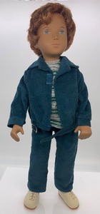 lot 156 image: Vintage SASHA Doll - Gregor Doll, Boy 1982 - 86, Teal Blue Corduroy Suit, Striped T Shirt