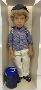 lot 126 image: Vintage SASHA Doll - #330 E - Hiker Gregor Doll, Boy 1986, Blue and White Check Shirt with Sleeping Bag