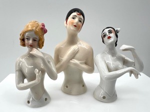lot 17 image: Vintage Antique Porcelain HALF DOLLS including Harlequin - ARMS AWAY - Germany - Qty 3
