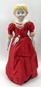 lot 27 image: ANTIQUE CHINA DOLL with Miniature China Doll - Blue Eyes, Blond, Red Dress