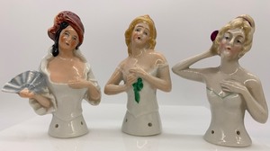lot 190 image: Vintage Antique Porcelain HALF DOLLS - 1 Fan and 2 Arms Away - Germany - Qty 3