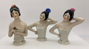 lot 46 image: Vintage Antique Porcelain HALF DOLLS - Arms Away - Germany - Black Hair - Qty 3