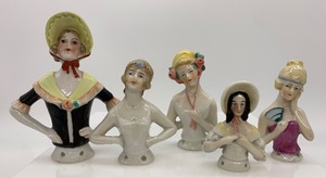 lot 104 image: Vintage Antique Porcelain HALF DOLLS - Arms Away - Bonnets - Germany - Qty 5