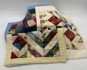 lot 75 image: Vintage Doll PATCHWORK Quilts with Coordinating Solid Print Backs,  Handmade - Qty 3