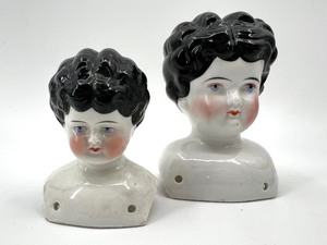 lot 194 image: Antique CHINA DOLL HEAD - Black Molded Hair and a Turned Head - Qty of 2 - #9