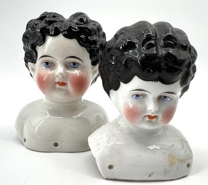 lot 251 image: Antique CHINA DOLL HEAD - Black Molded Hair and a Turned Head - Qty of 2 - #10