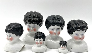 lot 281 image: Antique CHINA DOLL HEADS - Molded Black Hair including Turned Head - 1.5 to 5 - Qty 6