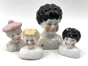 lot 283 image: Antique CHINA HEADS including Hertwig Bonnet Doll Head, Blond and Black Molded Hair - Germany