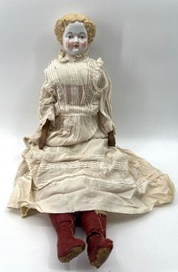 lot 81 image: Antique CHINA HEAD Doll - German - Flat Top Blonde with Red Leather Boots