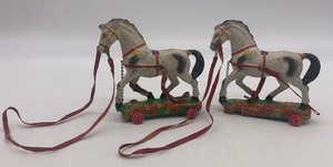 lot 52 image: Vintage ELASTOLIN Pull Toy Horses - Qty 2