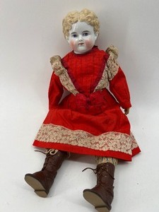 lot 255 image: Antique CHINA DOLL - High Brow - Germany - Blonde - Red Dress