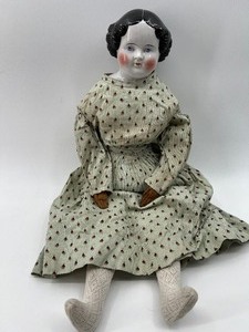 lot 197 image: Antique CHINA HEAD Doll - German - High Brow - Green Dress
