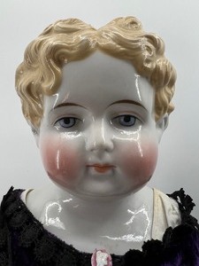 lot 198 image: Antique CHINA HEAD Doll - German - Blonde - High Brow - Purple Dress - LARGE
